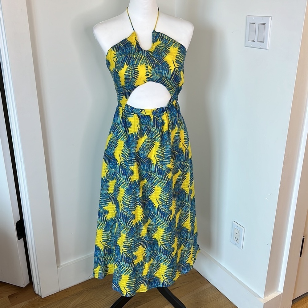 Tanya Taylor Size 0 Yellow Blue Palm Print Cutout Halter Midi Dress